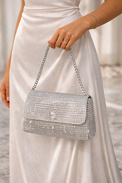 By Melis Atdemir Stone-Embellished Bag, Stone-Like Evening Dress Bag, Silver Bag