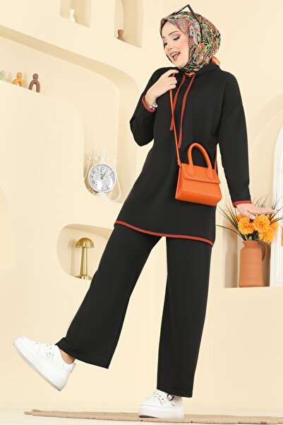 ModaMerve Kapüşonlu Biyeli İki İp Takım 1019ETT926-MS Siyah