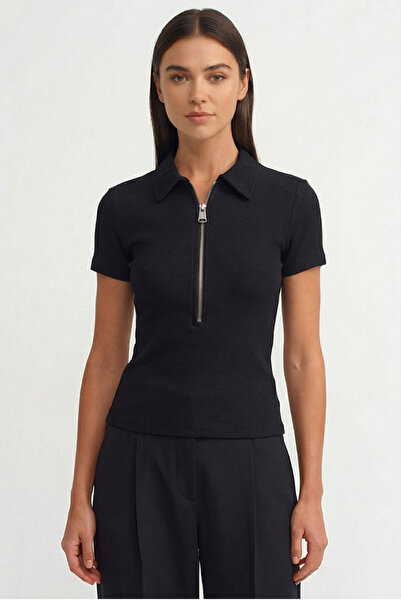 Qaju Women's Shoulder Pad Detailed Zippered Cotton Blouse – Black