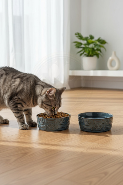 Yıldızhane 2’li Seramik Kedi, Köpek Mama ve Su Kabı Kabartma Kemik & Pati Des...