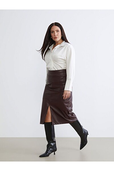 LC Waikiki Plus Size Zippered Waist Leather-Look Skirt