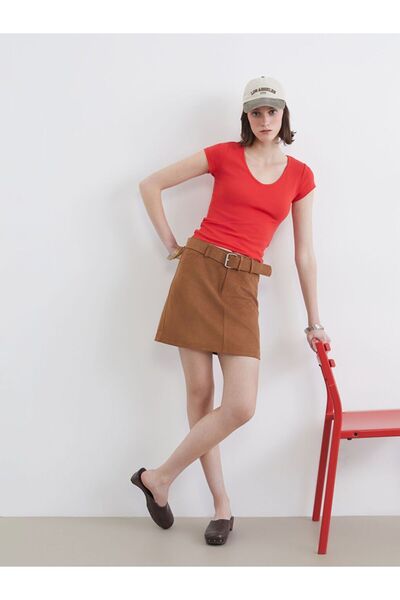 LC Waikiki Belted Suede Look Mini Skirt