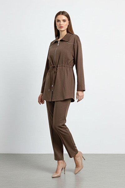 Puane Women's Zippered Collar and Waist-Tie Double Set - 14431