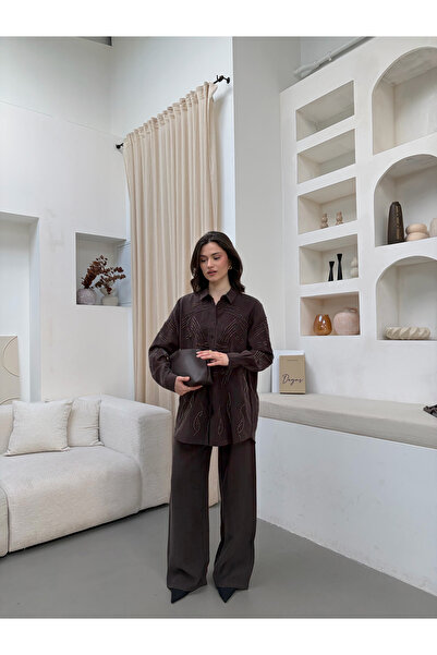 MİA NOURA Women's Shirt with Beaded Embroidery on Front and Sleeves, Pants an...