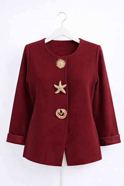 günay boutıque Button Detailed Burgundy Knitwear Cardigan