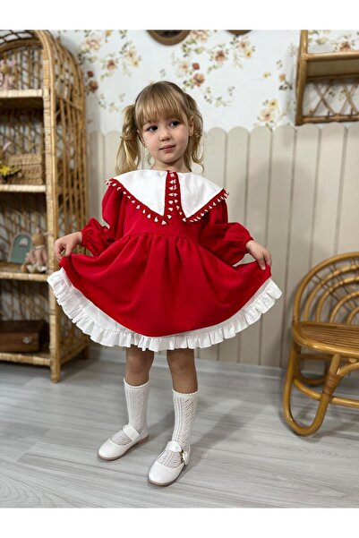 Karaniko Kids Girl's Red Dress with Collar Detail