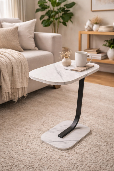 Golden Bark Modern side table with a white marble top and black metal frame