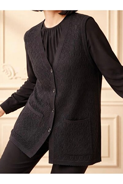 tiriTEK TRİKO Mercerizovani Sa baklava šarom majčinski prsluk / crni