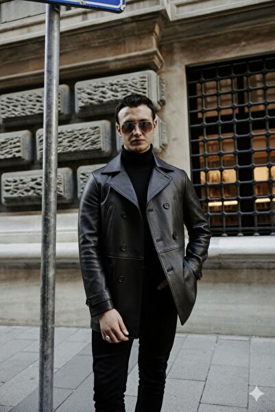 CE-YIL DERİ ÜRÜNLERİ Men's Jombo Genuine Leather Trench Coat