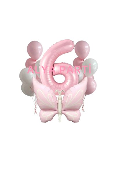 ALYA PARTİ 6 Yaş Rakam Folyo Balonlu Retro Pembe Kelebek Doğum Günü Seti