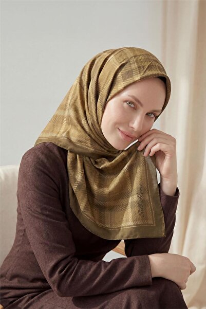 Silk Home Κασκόλ βισκόζης βελόρα με καρό σχέδιο, μουσταρδί, με σταθερή σχήμασ...