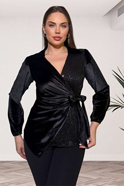 Moda Amore Double-Breasted Collar Velvet Sequined Long Sleeve Women's Blouse ...