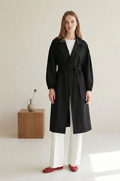 Kirazgym Women's Double-Breasted Sleeve Elastic Belted Lined Trench Coat - Black
