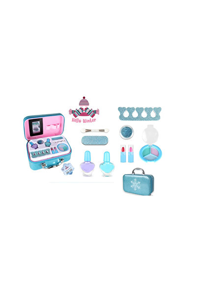 trendyhome Set Machiaj Copii, geantă albastră cu sclipici, oje, farduri, ruju...