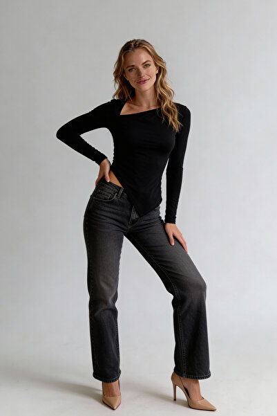 Evelora Black Asymmetrical Cut Slim Fit Full Lycra Women's Body Blouse