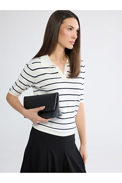 LC Waikiki Lcw Everyday White Polo Collar Striped Women's Knitwear Sweater