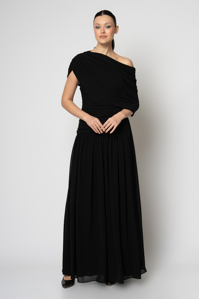 RENGIN Robası pileli eteği büzgülü tek omuz şifon abiye elbise