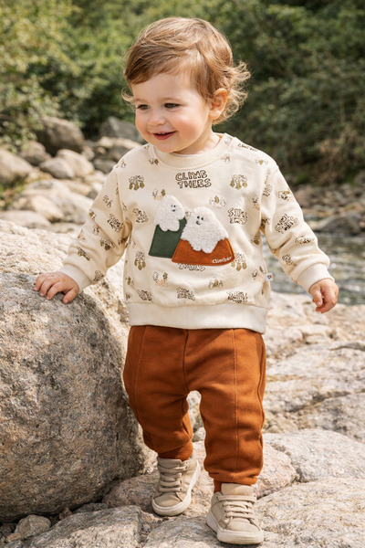 Uğur bebe 100% Cotton Transitional Baby Tracksuit Set – Beige Top, Brown Bott...