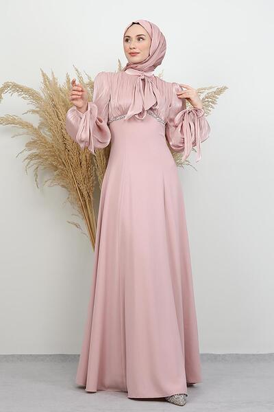 GİYZAMİLA Tan Taş Detay Abiye Soft Pembe