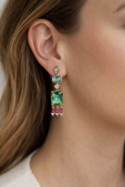 mischa jewelry Altın renkrenkli taş detaylı baget sallantılı küpe