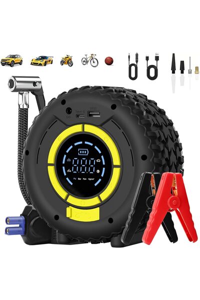 Qifit 120W 8000mAh Hava Kompresörlü Araç Akü Takviye Cihazı, 150PSI Lastik Şişirici, LED Acil Durum