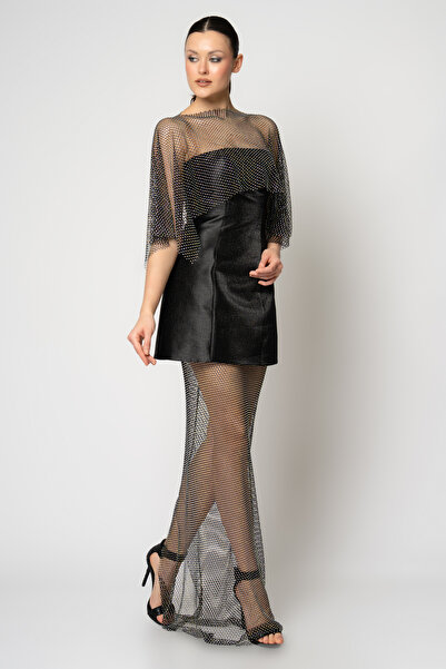 RENGIN Straplez çan etekli taşlı file bolerolu abiye elbise