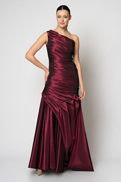 RENGIN Tek omuzdan bele kat kat pileli janjan tafta abiye elbise