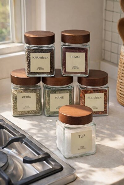 BUCOLIC Jumbo Akasya Kapaklı Cam Baharatlık Seti | 6 adet