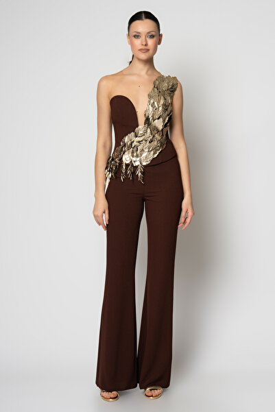 RENGIN Omuzdan bele rugan yapraklı krep pantolonlu ikili abiye takım