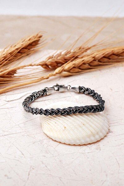 Sümer Telkari 925 Ayar Hasır Örgü Oksitli Gümüş Erkek Bileklik 4843