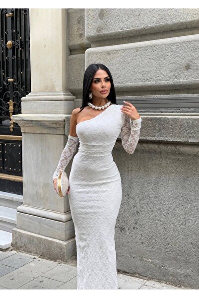 NİCE STYLE KADIN OMUZ DETAY FUL GÜPÜR LİKRAKI TARZ ELBİSE