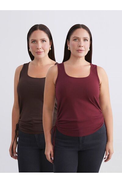 LC Waikiki Plus Size Square Neck Gathered Women's Undershirt 2-Piece Set