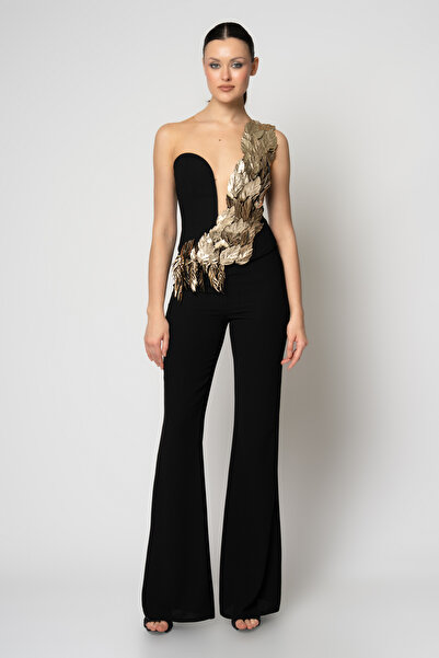 RENGIN Omuzdan bele rugan yapraklı krep pantolonlu ikili abiye takım