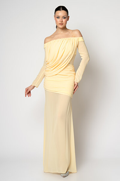 RENGIN Göğüsten bele büzgü parçalı uzun kollu şifon abiye elbise