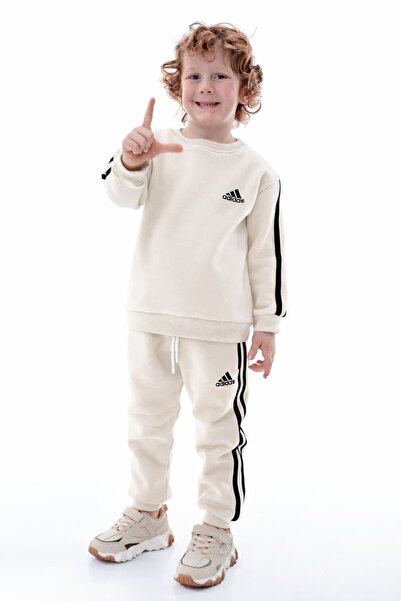 CQCQ Boy's Striped Fleece-Lined Ecru Tracksuit Set – Comfortable and Soft Fabric