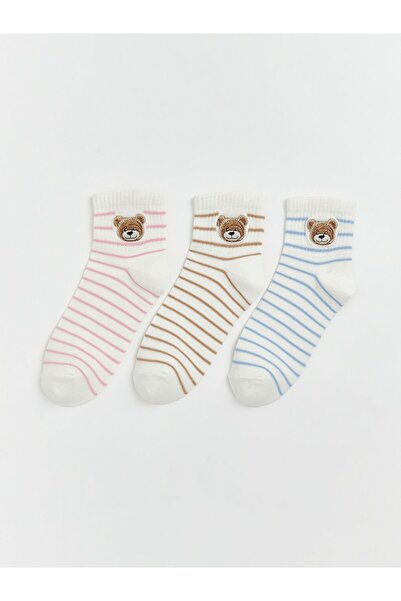 LC Waikiki Striped Bear Embroidered Women's Socks 3-Piece Set