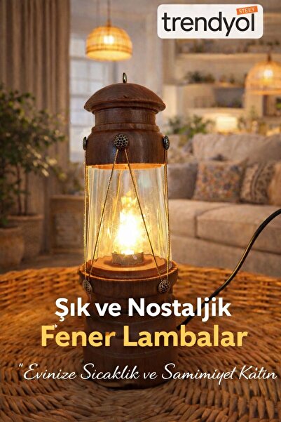 AA AHŞAP Nostaljik Ahşap Fener Masa Lambası | Dekoratif Ortam Aydınlatması