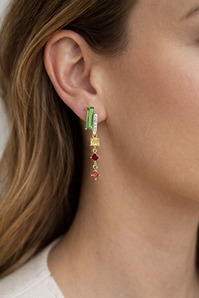mischa jewelry Kadın altın renk baget taşlı renkli sallantılı küpe