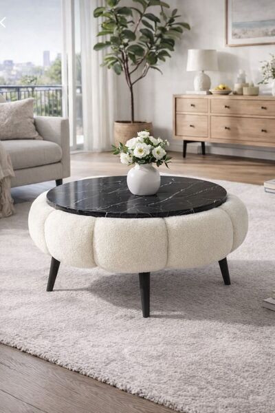 KOKİ DESİGN Papatya Siyah Mermer Desen Wellsoft Kırık Beyaz Kumaş Kaplamalı Y...