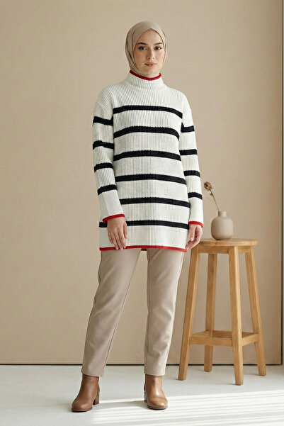 Kirazgym Women's Half-Thigh Formal Patterned Knitwear Tunic Stone