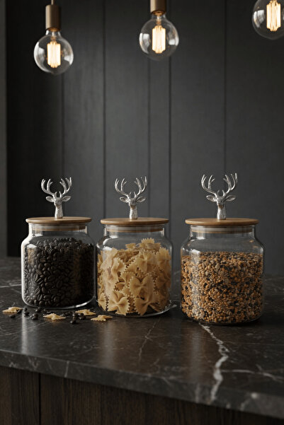 Jenisa طقم من 3 برطمانات زجاجية بغطاء من الخيزران وتمثال غزال فضي - حاوية تخز...