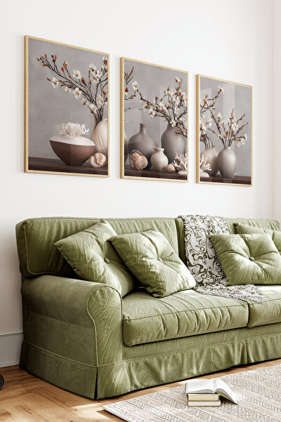 kutuTR Ahşap Çerçeveli 2D UV Baskı 3'lü Tablo set–Minimal Vazo ve Kiraz Çiçeğ...