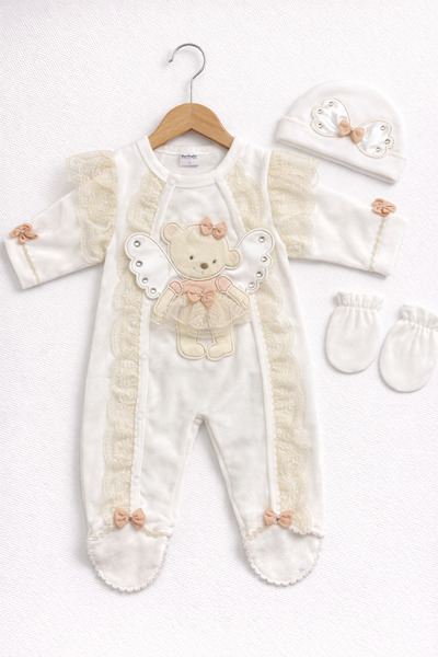 Kardeşler Bebe Velvet Baby Girl Lace Bow 3-Piece Jumpsuit Set