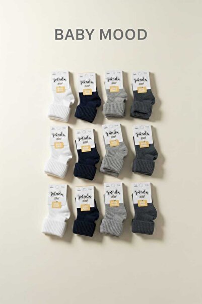 Panda 12'li Paket Pamuklu Düz Erkek Bebek Çorap Seti - Renkli Yumuşak Katlama...
