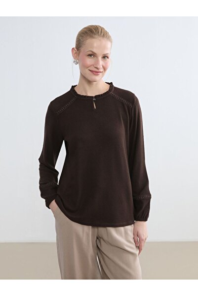 LC Waikiki Lcw Grace Brown Ruffled Crew Neck Embroidered Blouse