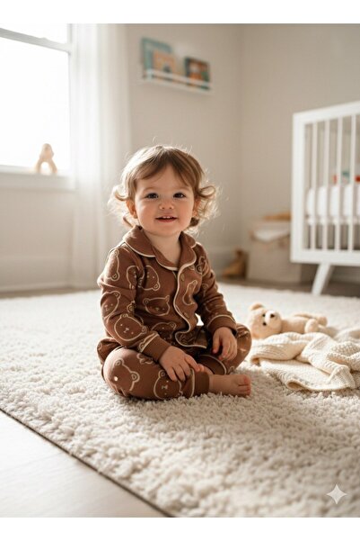 Bebek Ayıcık Desenli Pamuklu Pijama Takımı Uzun Kollu Organik Yumuşak Alt Üst