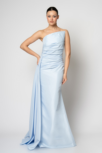 RENGIN Belden parçalı asimetrik yakalı tafta abiye elbise