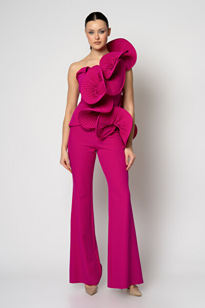 RENGIN Omuzdan piliseli volanlı krep pantolonlu abiye takım