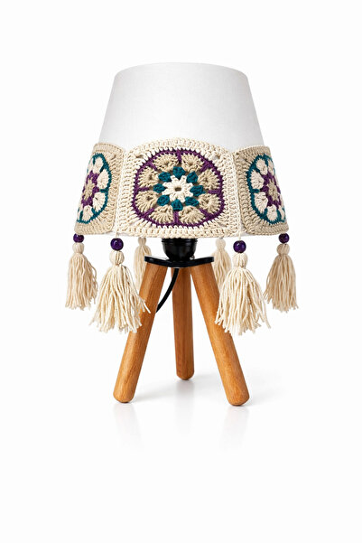 nijiartdesign 3 Ayaklı Doğal Ahşap Kroşe Motifli Püsküllü Rustik Görünümlü Ab...