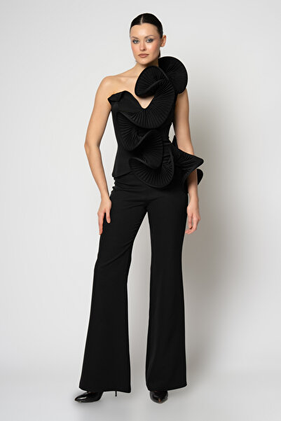 RENGIN Omuzdan piliseli volanlı krep pantolonlu abiye takım